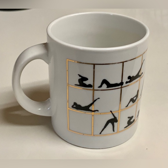 1980s Vintage Gold Trim Lattice Ceramic Yoga Poses Aerobic Exercise Coffee Mug - Picture 13 of 16